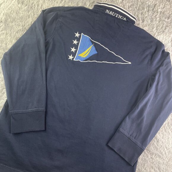 Nautica Sailing Rugby Shirt Mens Large Blue White Yellow Preppy Sailboat Y2k - Picture 1 of 10